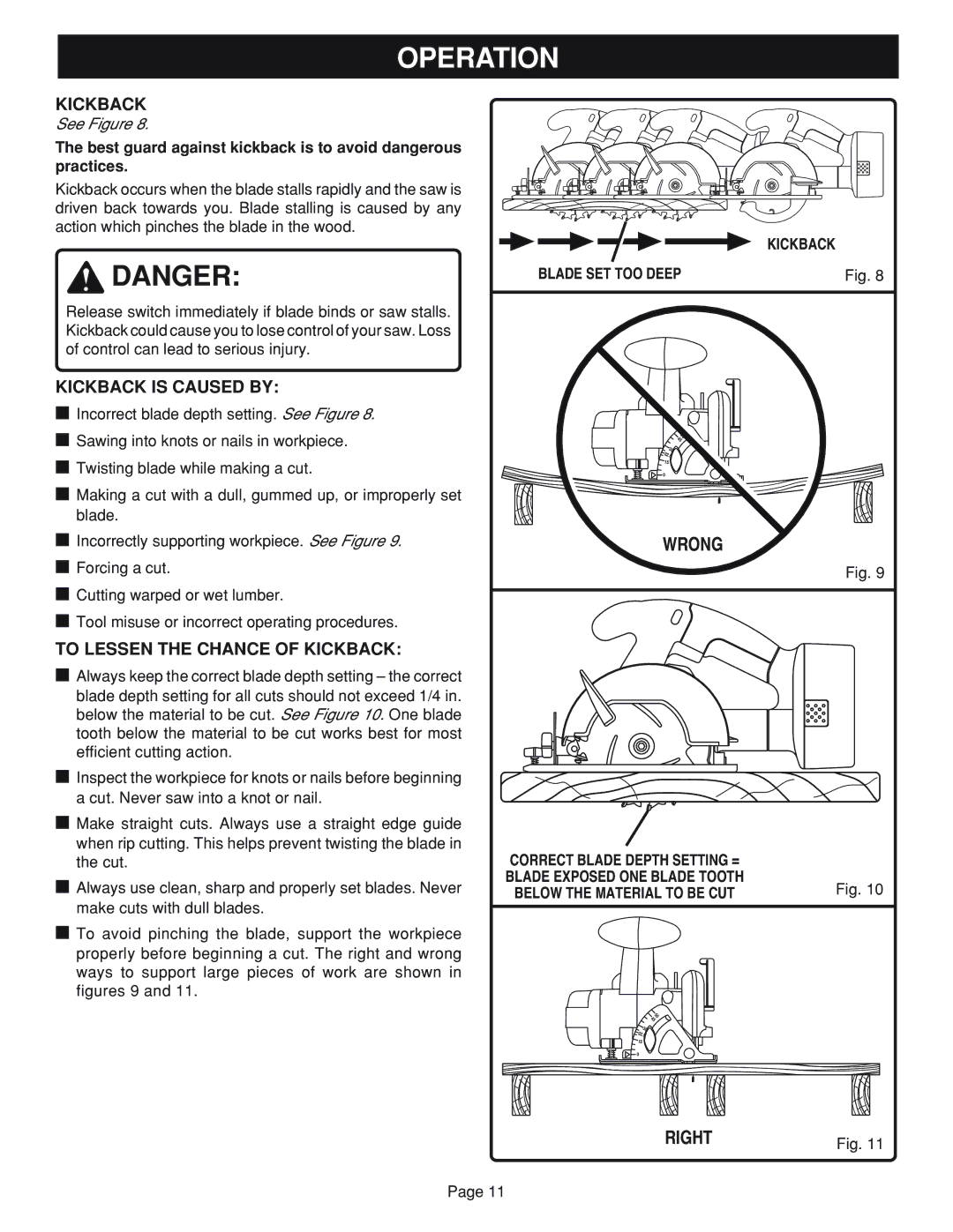 Ryobi RY6201 specifications Kickback is Caused by, To Lessen the Chance of Kickback, Kickback Blade SET TOO Deep 