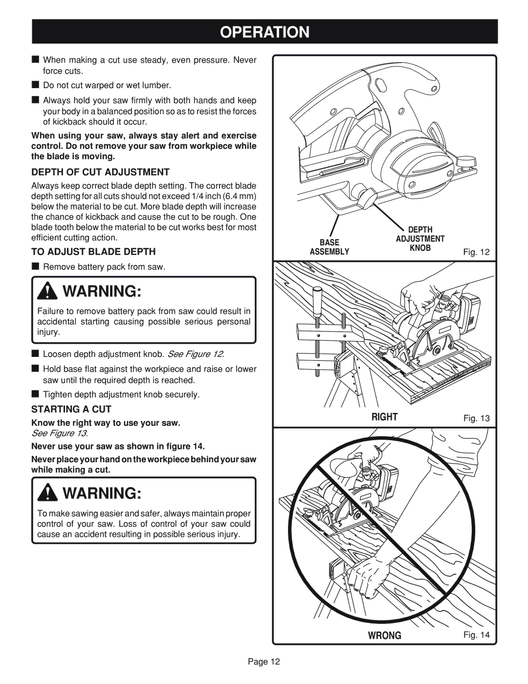 Ryobi RY6201 specifications Depth of CUT Adjustment, To Adjust Blade Depth, Starting a CUT 