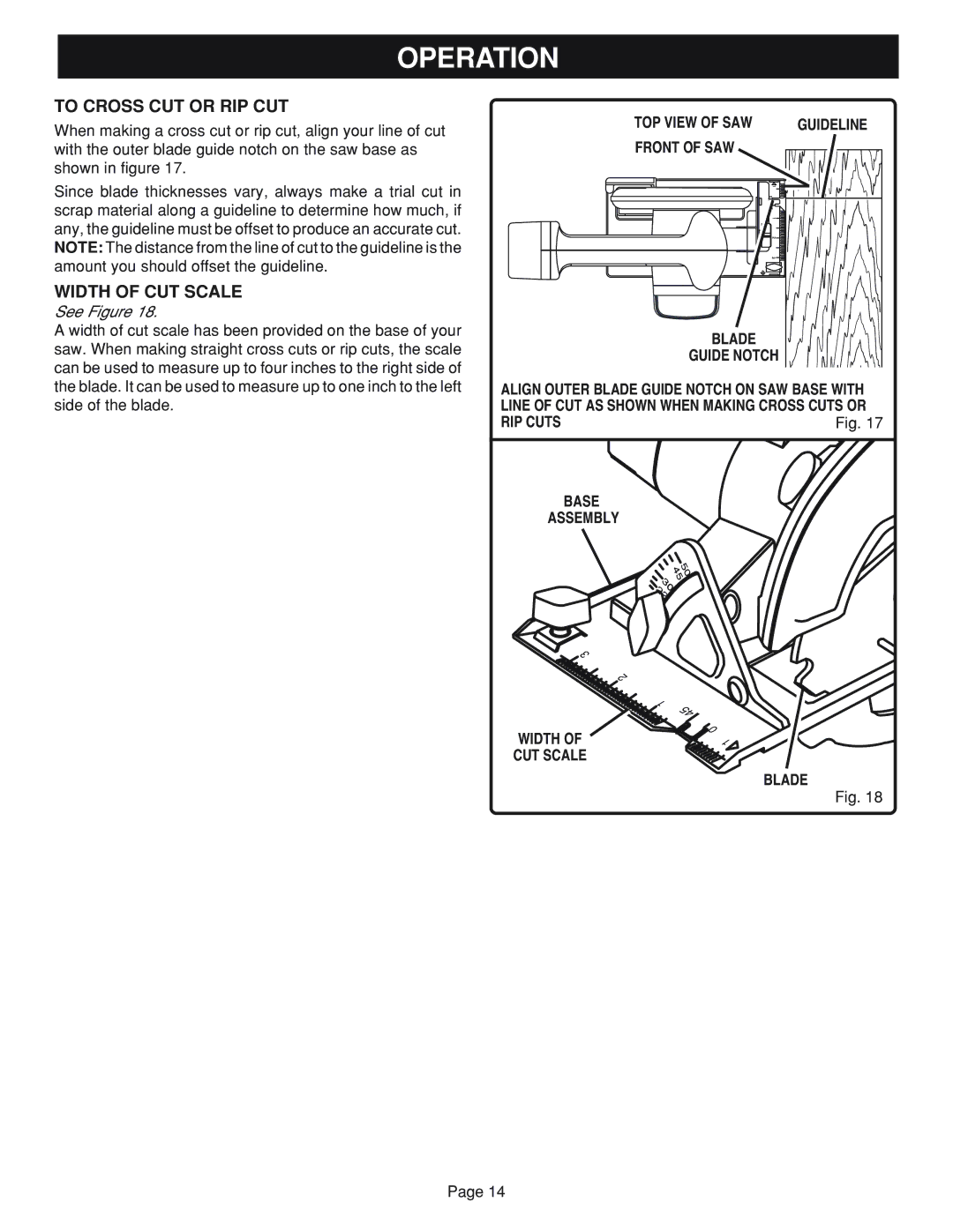 Ryobi RY6201 To Cross CUT or RIP CUT, Width of CUT Scale, TOP View of SAW Guideline Front of SAW Blade Guide Notch 