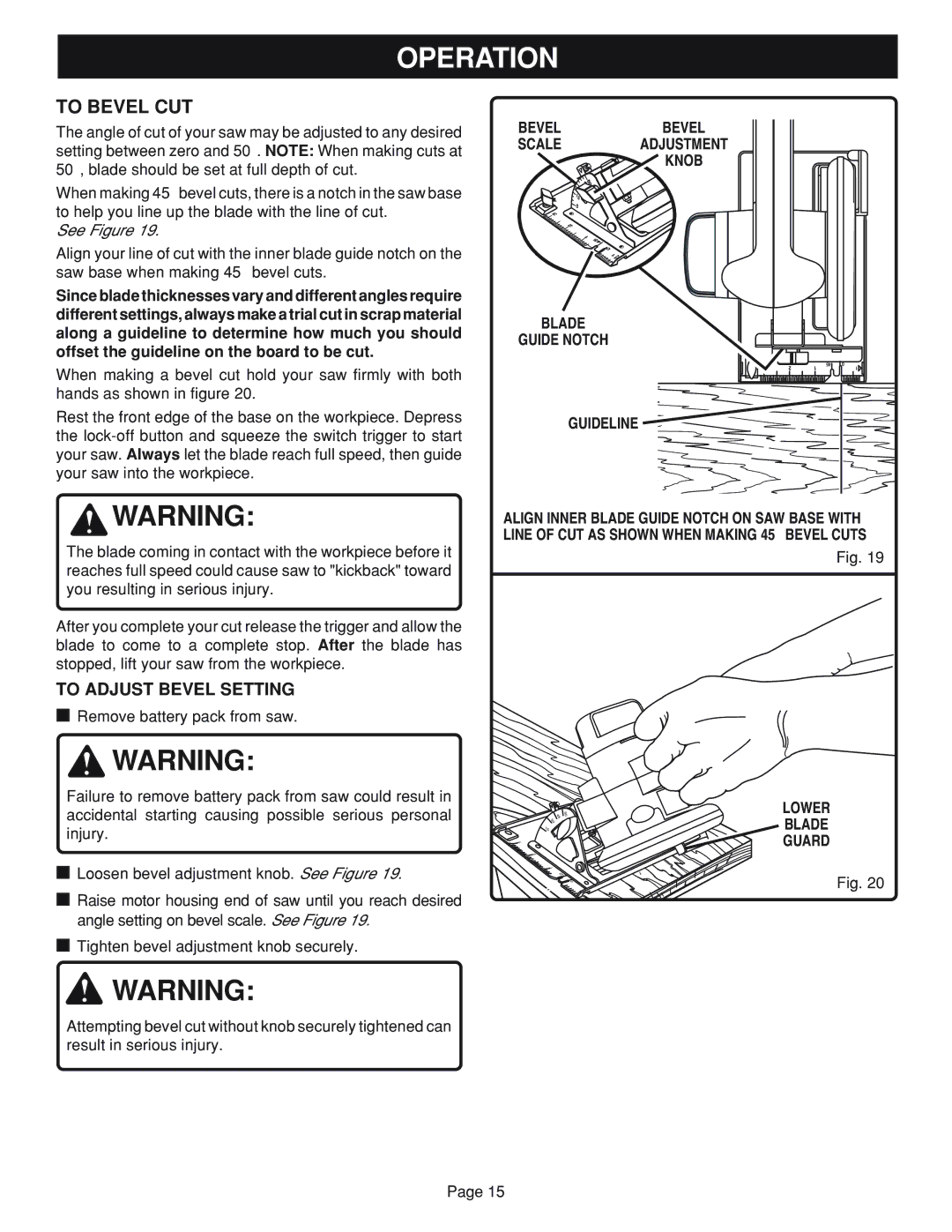 Ryobi RY6201 specifications To Adjust Bevel Setting, Blade Guide Notch Guideline, Guard 