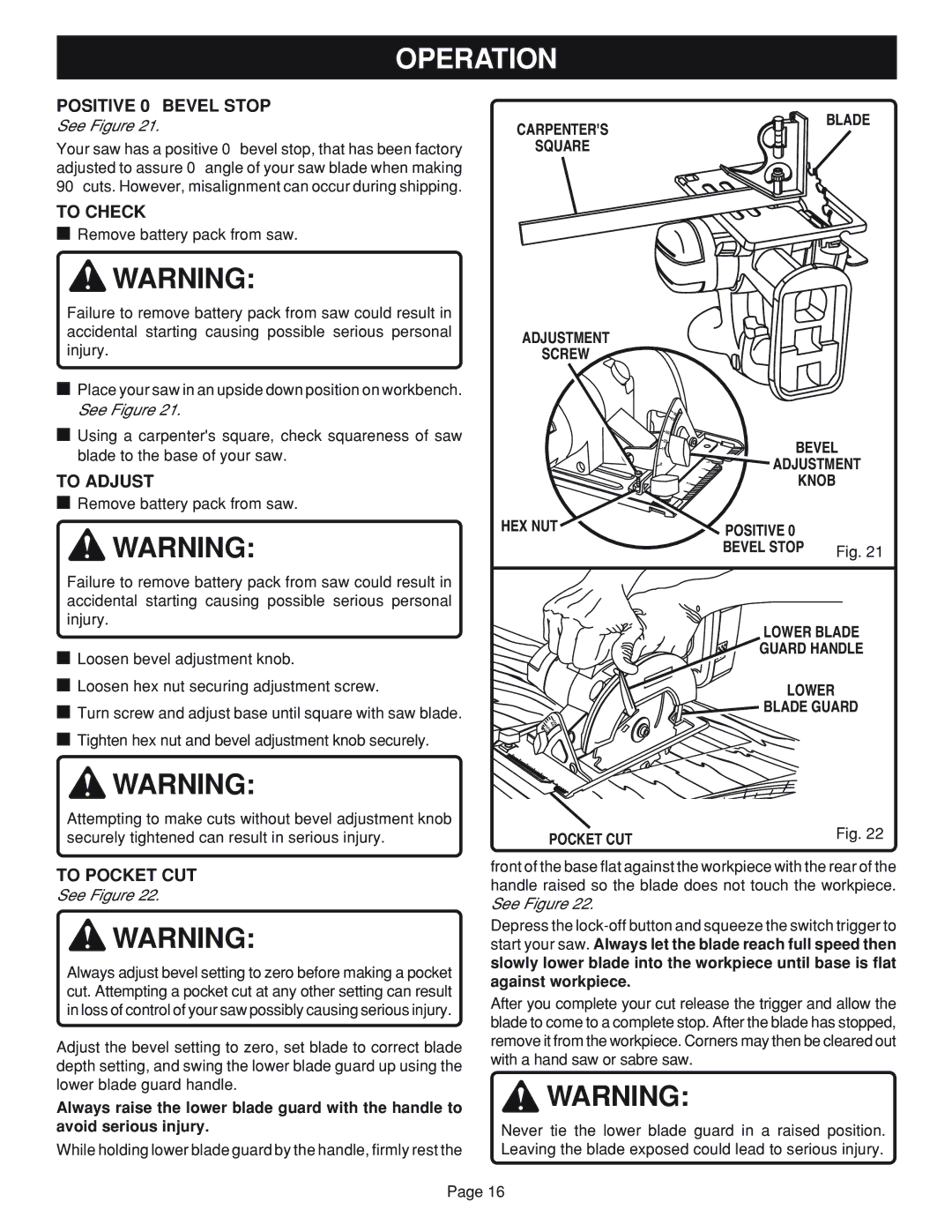 Ryobi RY6201 specifications Positive 0 Bevel Stop, To Check, To Adjust, To Pocket CUT 