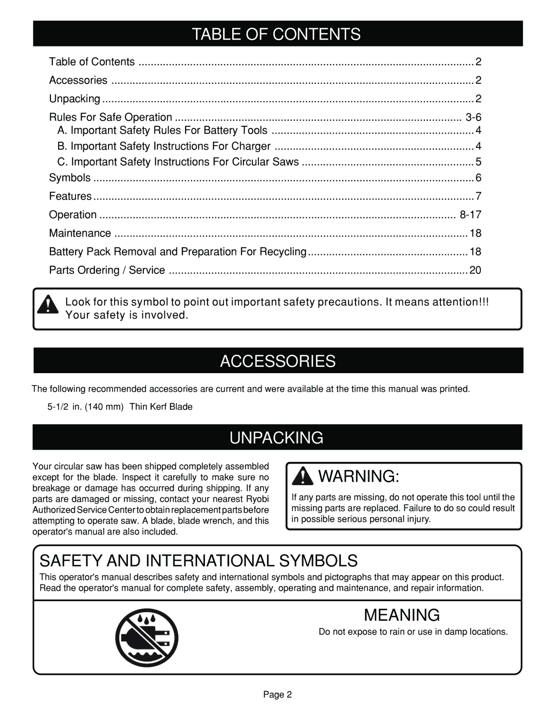 Ryobi RY6201 specifications Table of Contents, Accessories, Unpacking 