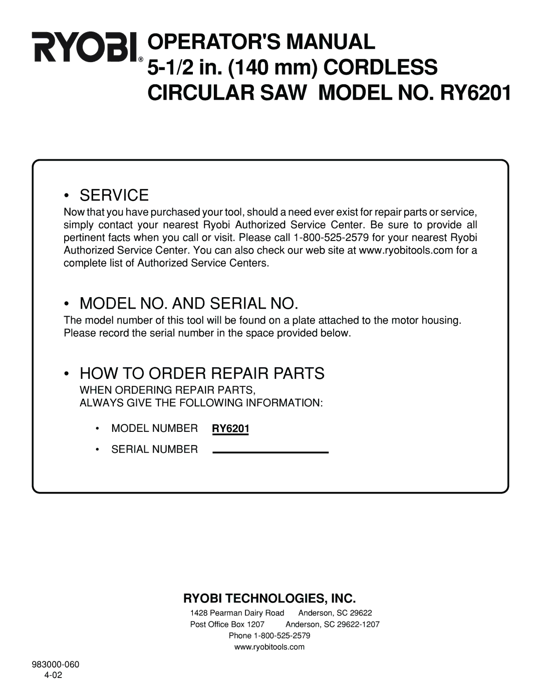 Ryobi RY6201 specifications Service Model NO. and Serial no 