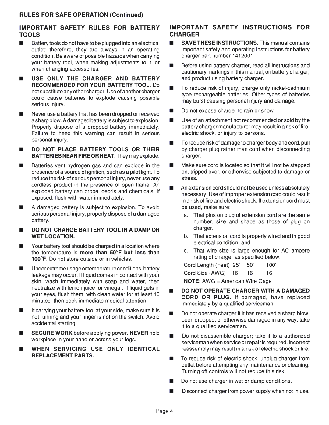 Ryobi RY6201 specifications Important Safety Rules for Battery Tools, Important Safety Instructions for Charger 