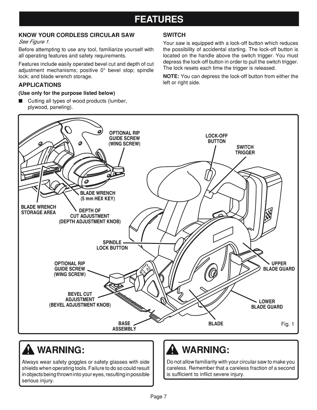 Ryobi RY6201 specifications Features, Know Your Cordless Circular SAW, Applications, Switch 