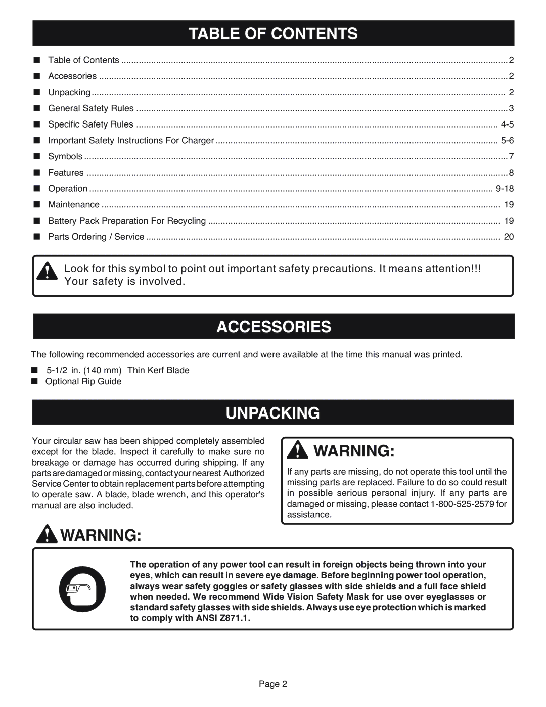 Ryobi RY6202 specifications Table of Contents, Accessories, Unpacking 