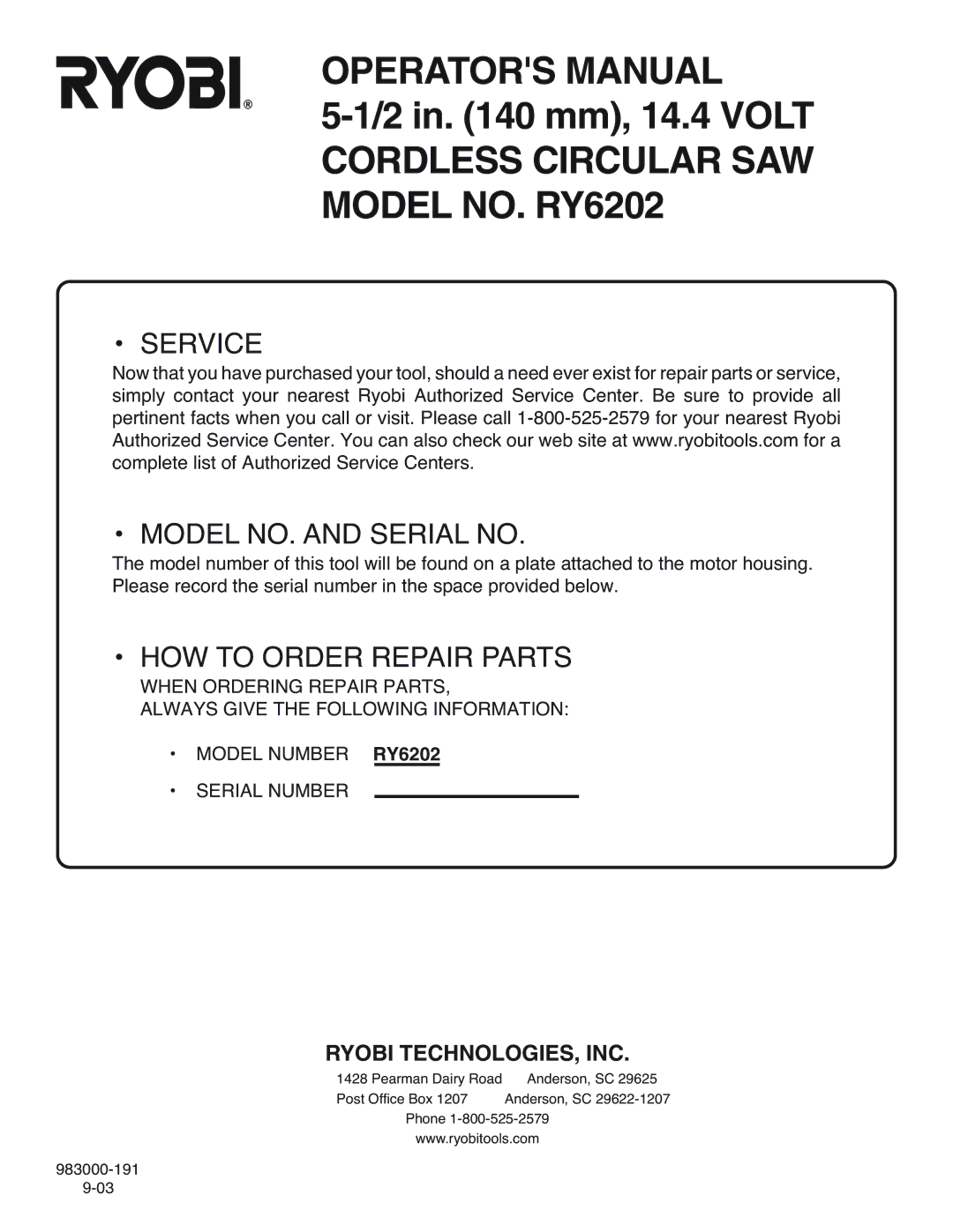 Ryobi RY6202 specifications Service Model NO. and Serial no 