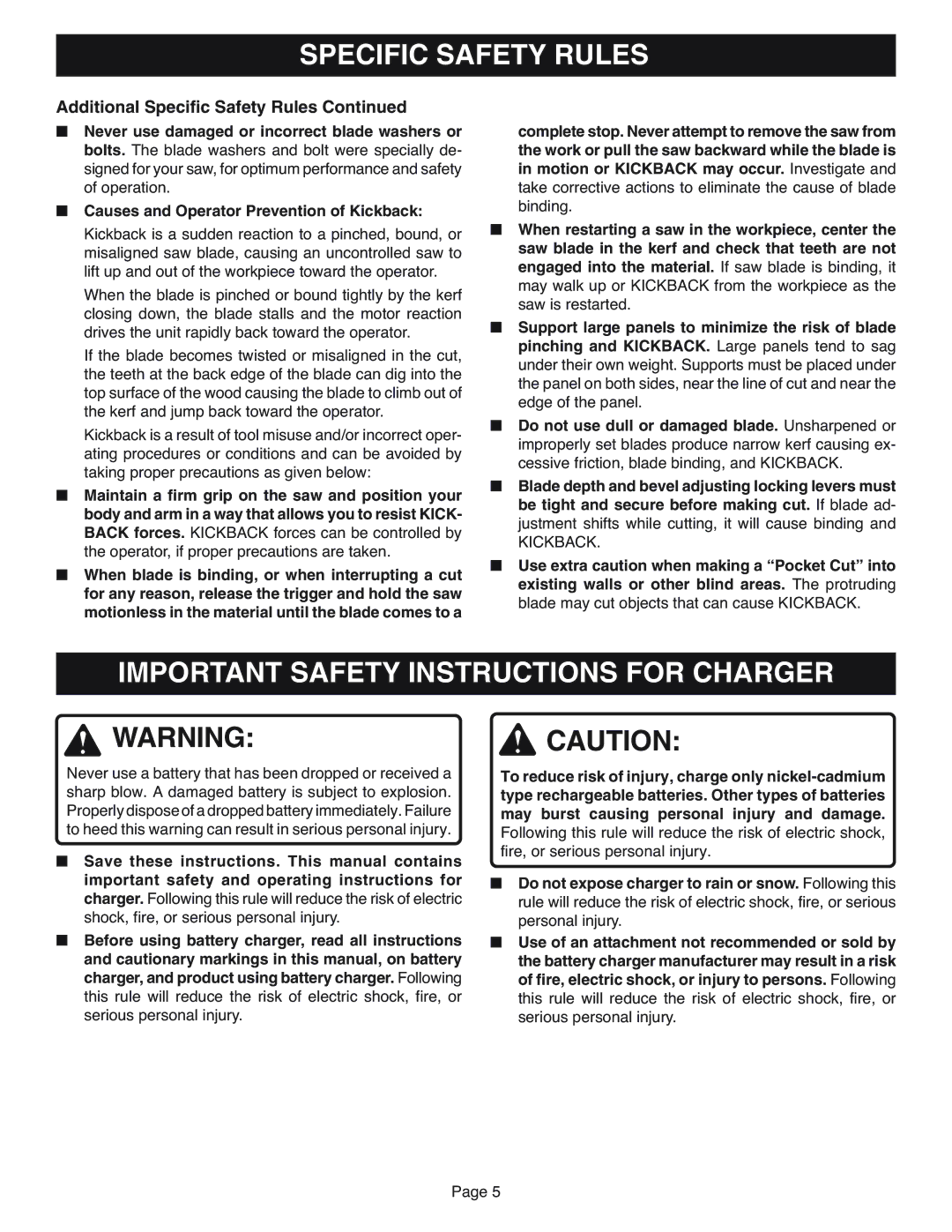 Ryobi RY6202 specifications Important Safety Instructions for Charger 