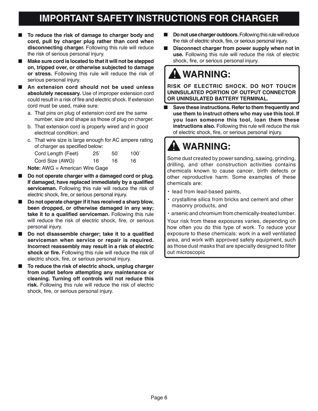 Ryobi RY6202 specifications Important Safety Instructions for Charger 