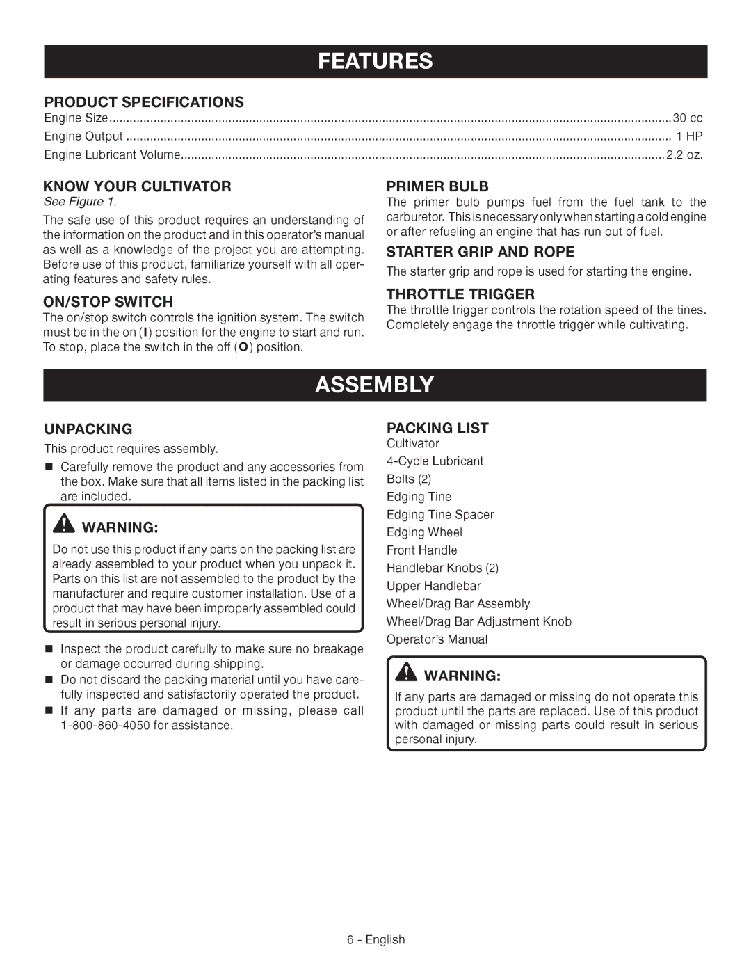 Ryobi RY64400 manuel dutilisation Features, Assembly 