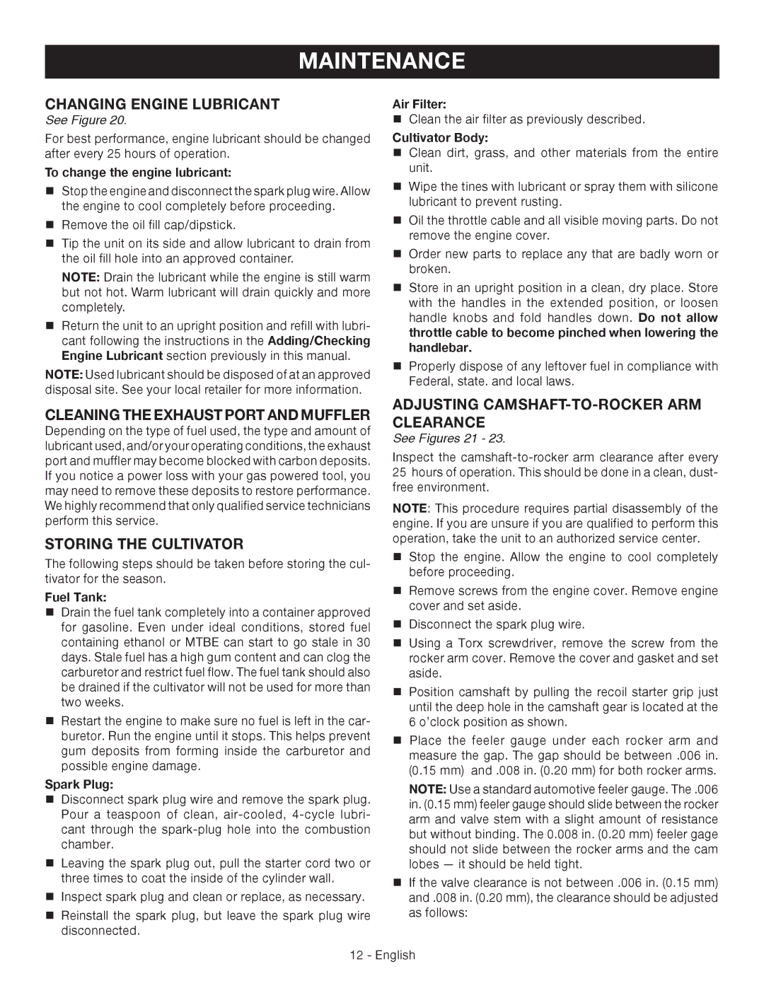 Ryobi RY64400 Changing Engine Lubricant, Storing the Cultivator, Adjusting CAMSHAFT-TO-ROCKER ARM Clearance 