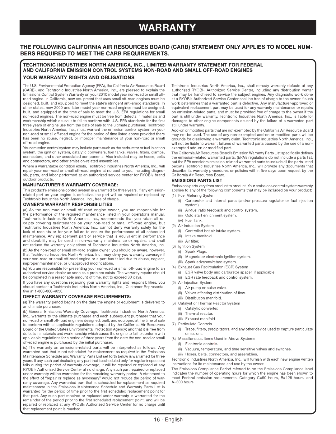 Ryobi RY64400 manuel dutilisation MANUFACTURER’S Warranty Coverage 