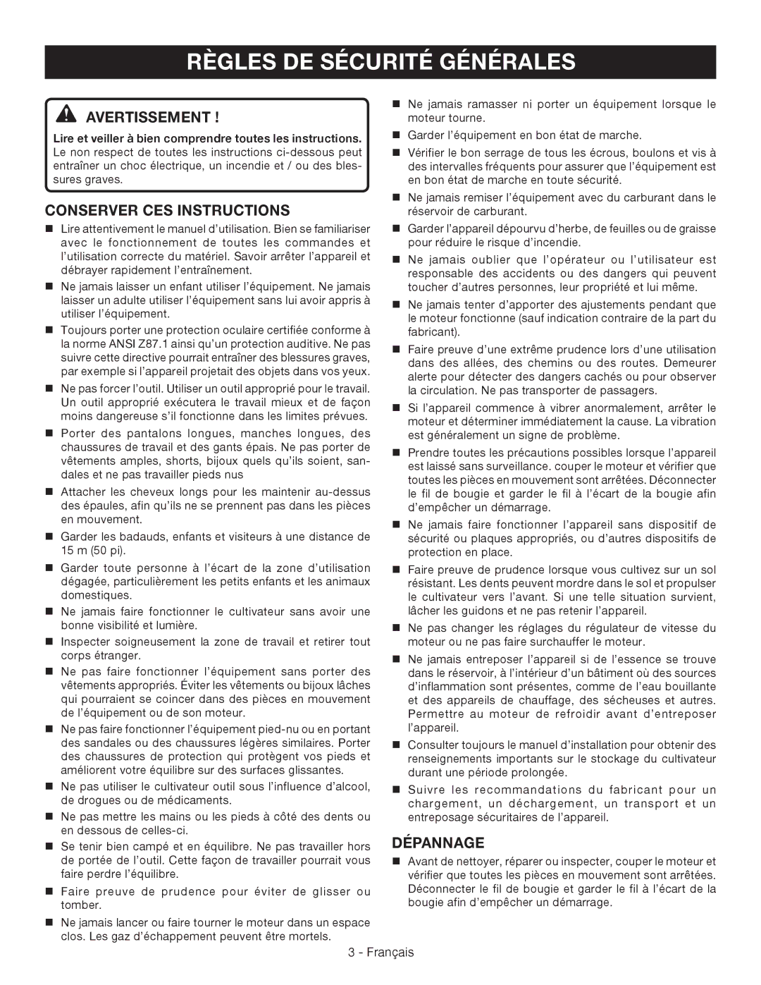 Ryobi RY64400 manuel dutilisation Règles DE Sécurité Générales, Avertissement , Conserver CES Instructions, Dépannage 