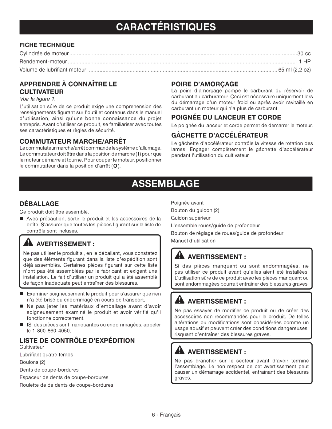 Ryobi RY64400 manuel dutilisation Caractéristiques, Assemblage 