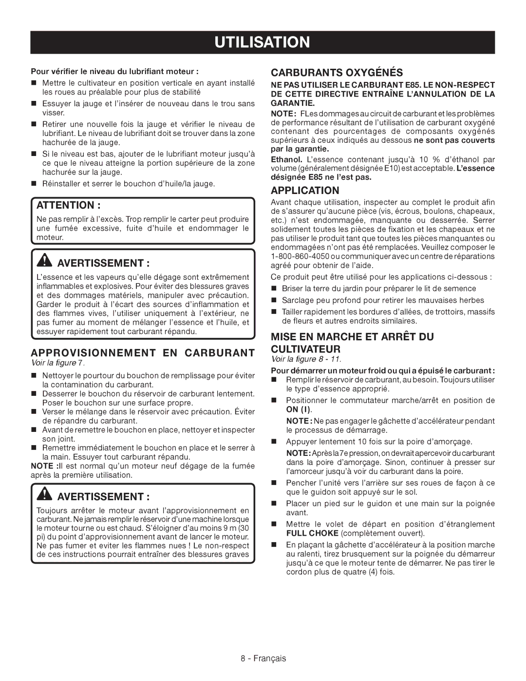 Ryobi RY64400 Approvisionnement EN Carburant, Carburants Oxygénés, Application, Mise EN Marche ET Arrêt DU Cultivateur 