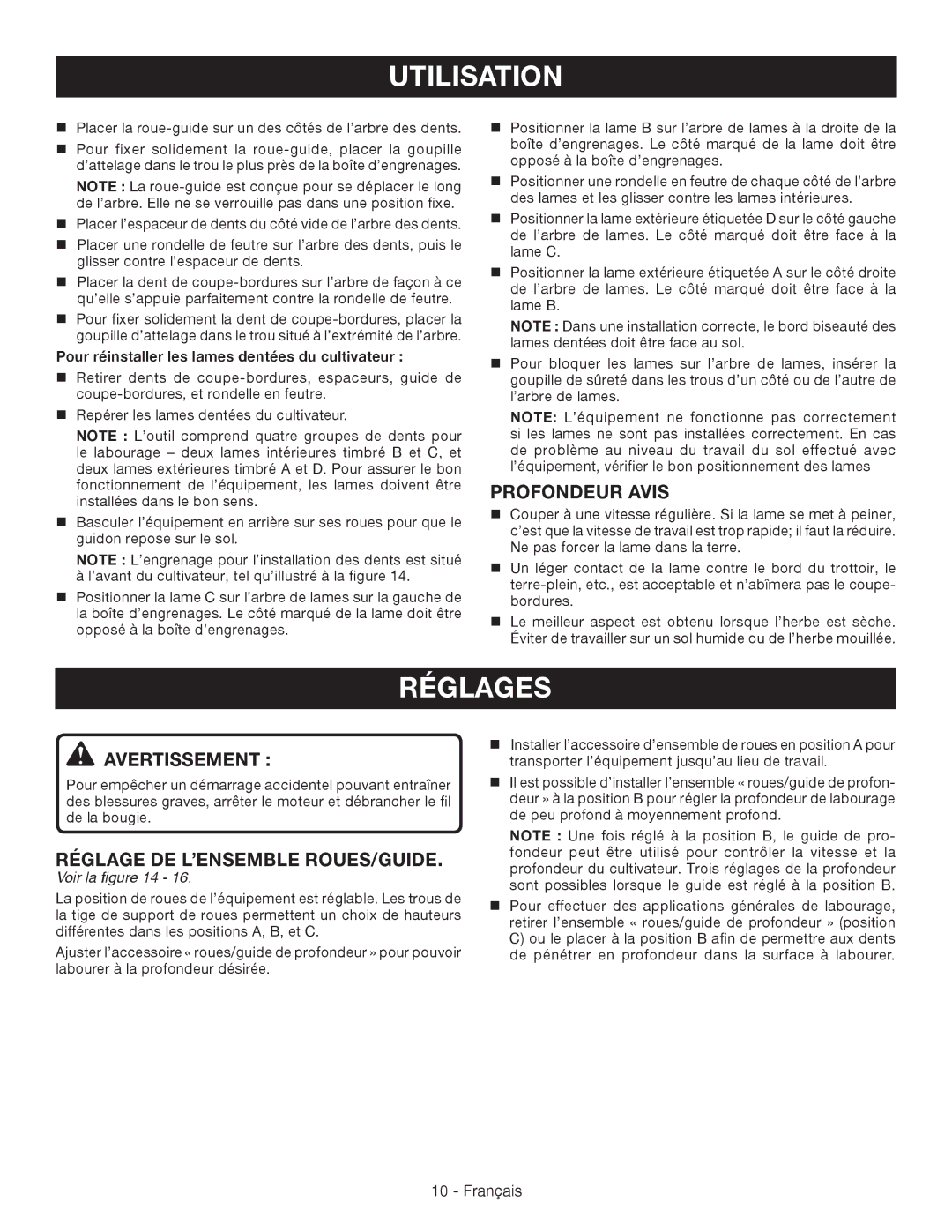 Ryobi RY64400 manuel dutilisation Réglages, Profondeur Avis, Réglage DE L’ENSEMBLE ROUES/GUIDE 