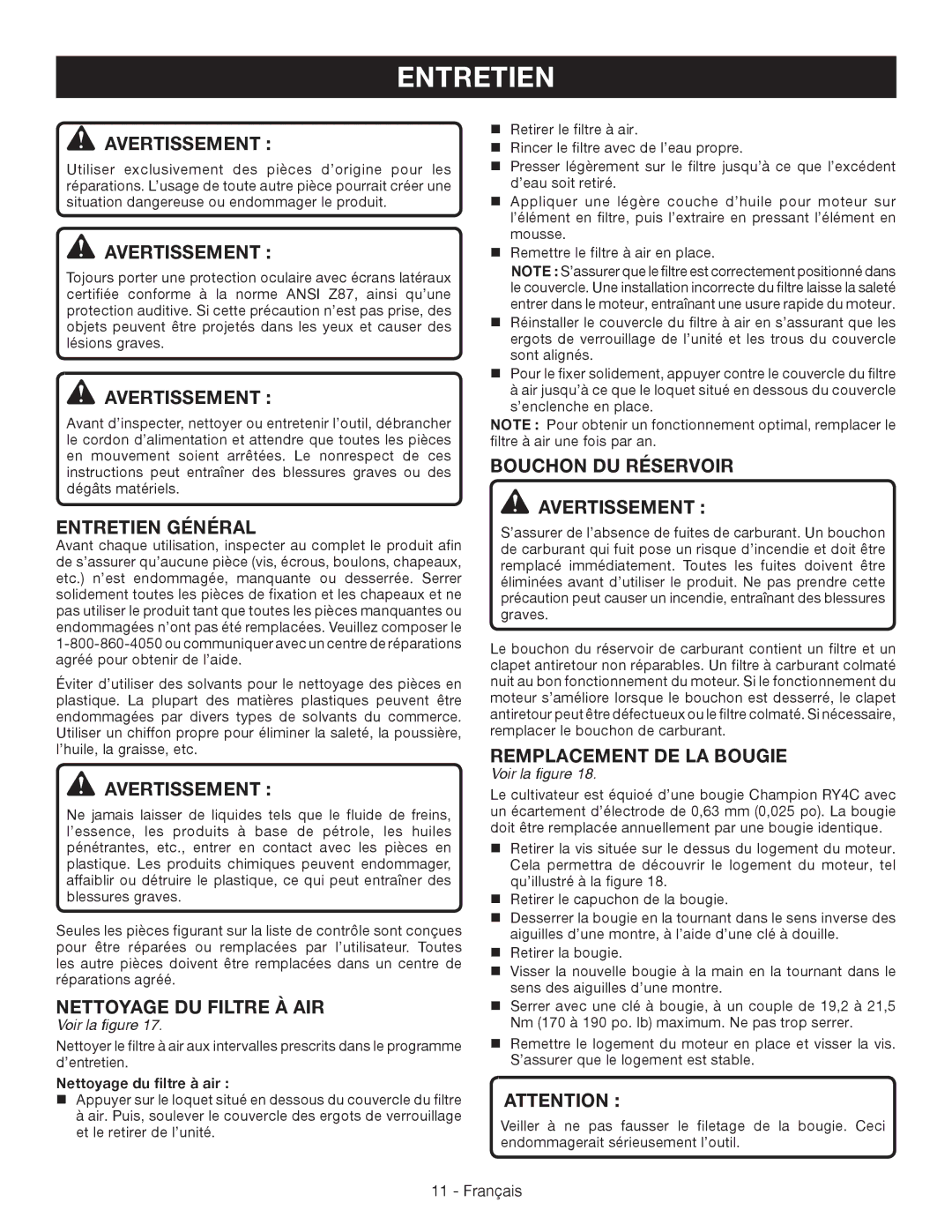 Ryobi RY64400 manuel dutilisation Entretien Général, Nettoyage DU Filtre À AIR, Bouchon DU Réservoir Avertissement 