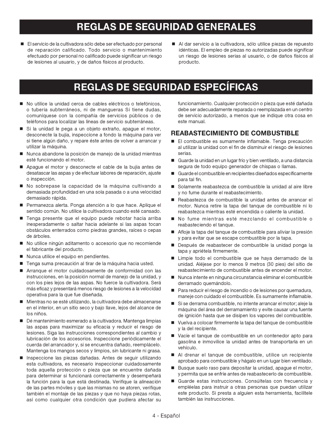 Ryobi RY64400 manuel dutilisation Reglas DE Seguridad Específicas, Reabastecimiento DE Combustible 