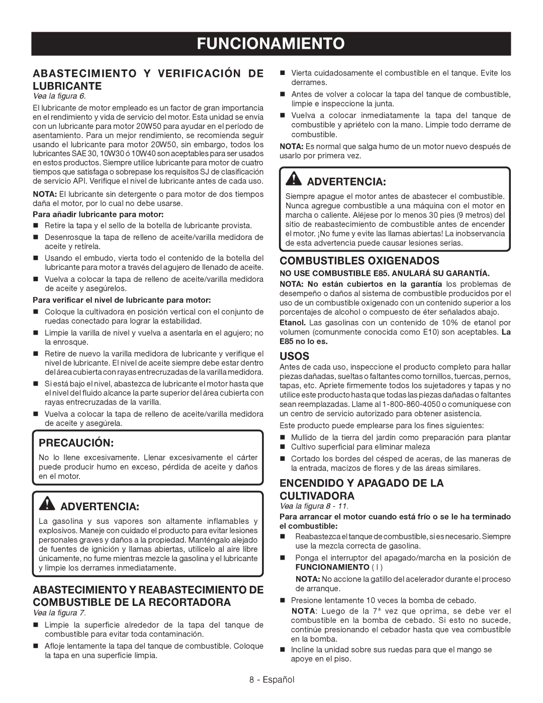 Ryobi RY64400 manuel dutilisation Abastecimiento Y Verificación DE Lubricante, Combustibles Oxigenados, Usos 