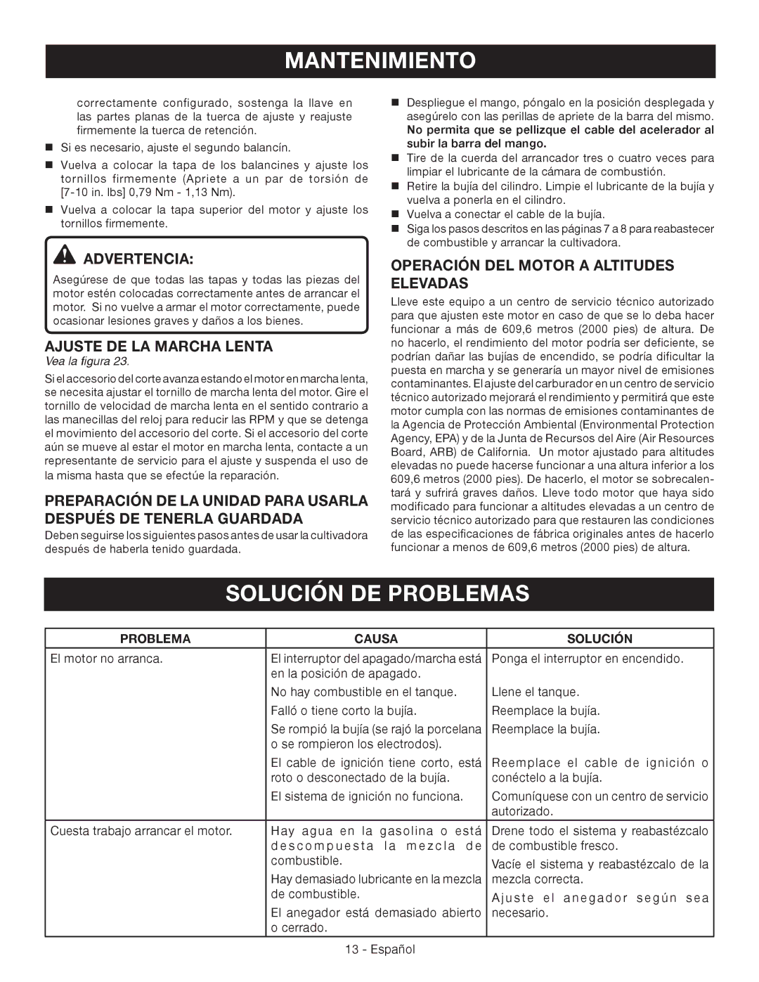 Ryobi RY64400 Solución DE Problemas, Ajuste DE LA Marcha Lenta, Operación DEL Motor a Altitudes Elevadas 