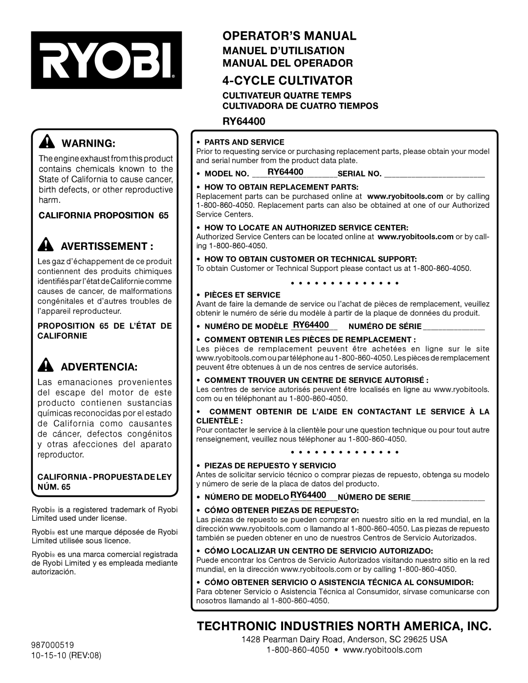 Ryobi RY64400 Manuel D’UTILISATION Manual DEL Operador, California Proposition, Proposition 65 DE L’ÉTAT DE Californie 