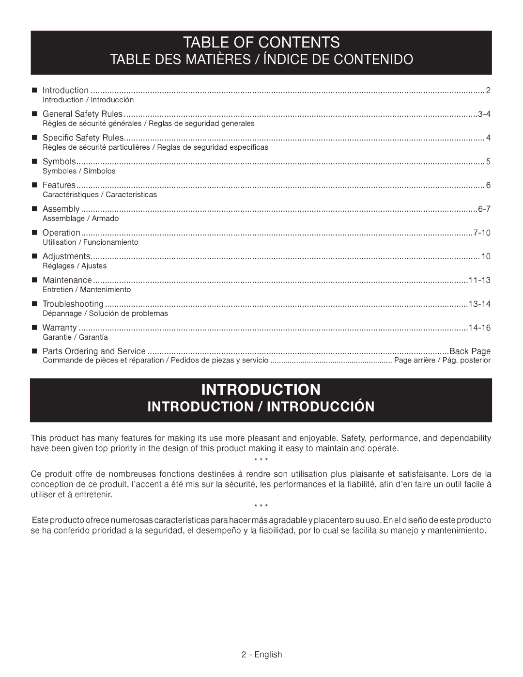 Ryobi RY64400 manuel dutilisation Table of Contents, Introduction 