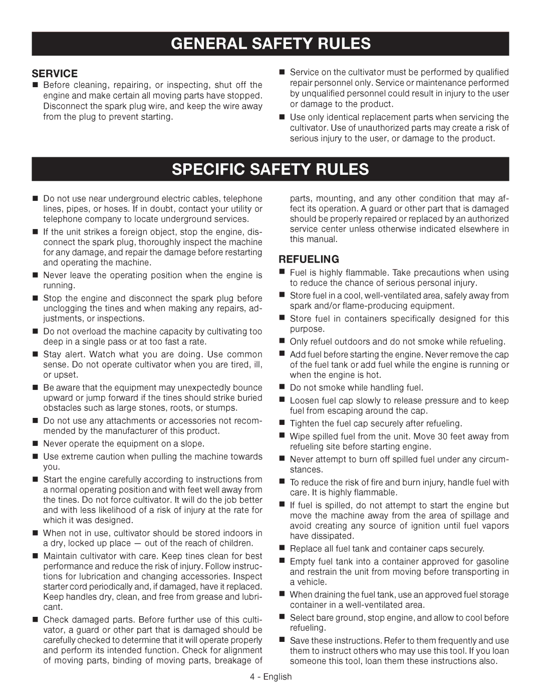 Ryobi RY64400 manuel dutilisation Specific Safety Rules, Service, Refueling 