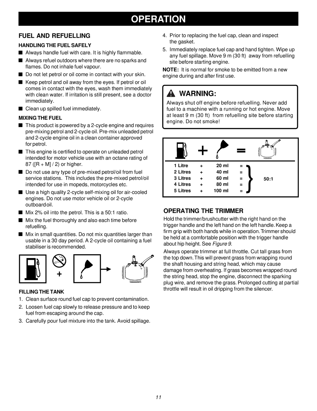 Ryobi PBC3046B, RY70107 manual Operation, Fuel and Refuelling, Operating the Trimmer 
