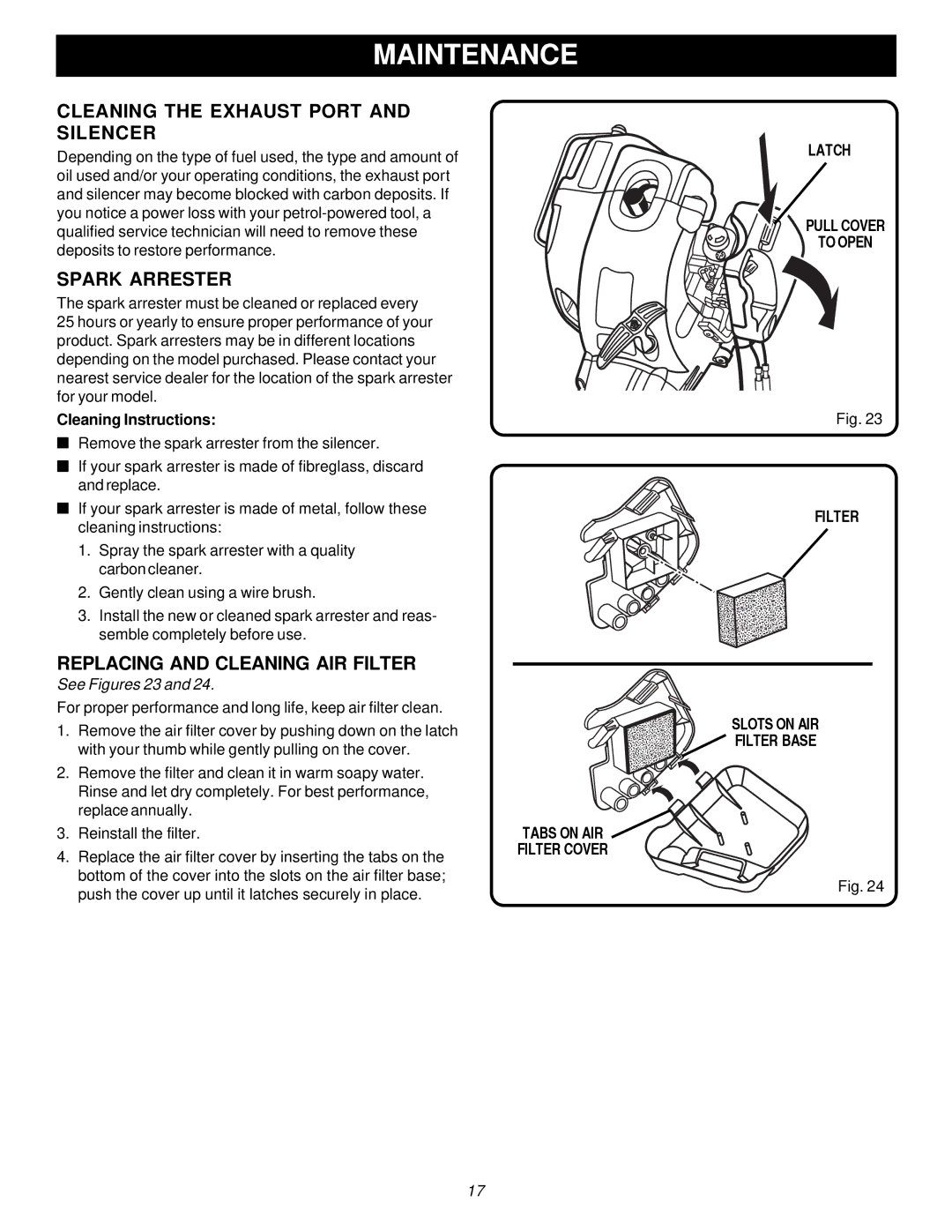 Ryobi PBC3046B Cleaning the Exhaust Port and Silencer, Spark Arrester, Replacing and Cleaning AIR Filter, See Figures 23 