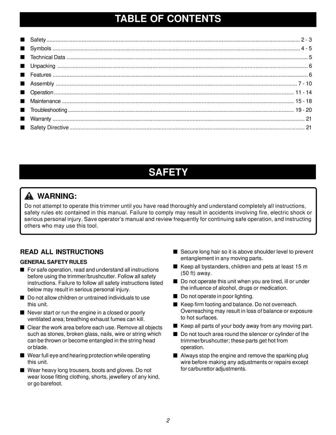 Ryobi RY70107, PBC3046B manual Table of Contents, Safety 