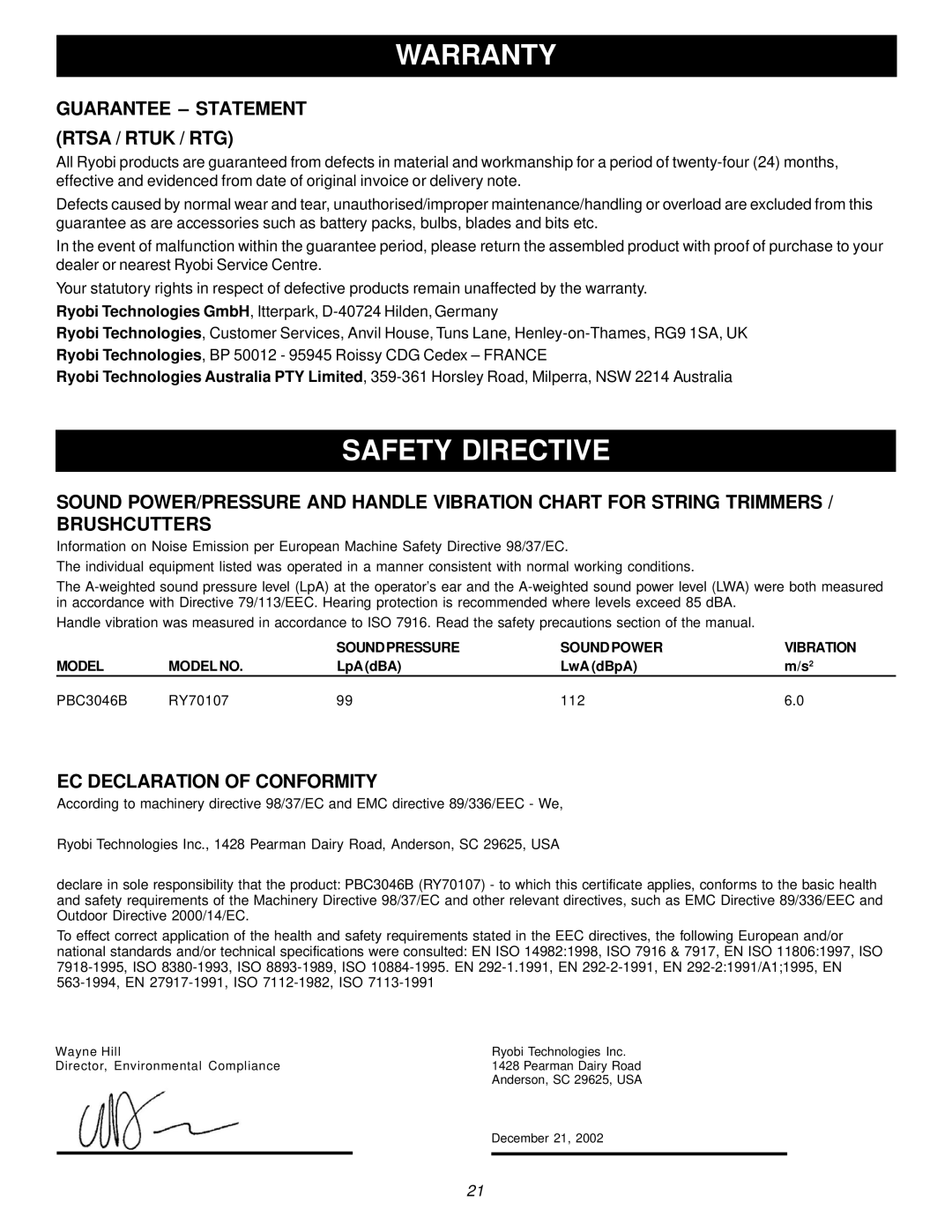 Ryobi PBC3046B, RY70107 Warranty, Safety Directive, Guarantee Statement Rtsa / Rtuk / RTG, EC Declaration of Conformity 