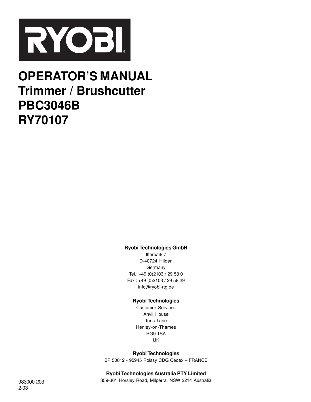 Ryobi RY70107, PBC3046B manual Ryobi Technologies GmbH 