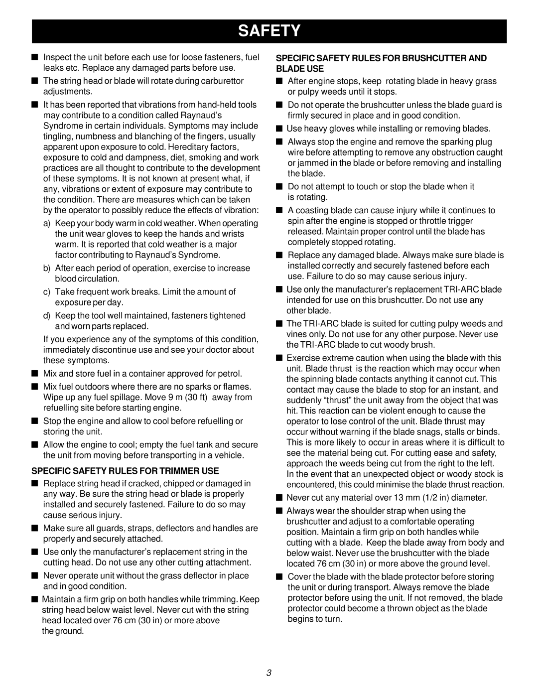 Ryobi PBC3046B, RY70107 manual Specific Safety Rules for Trimmer USE, Specific Safety Rules for Brushcutter and Blade USE 