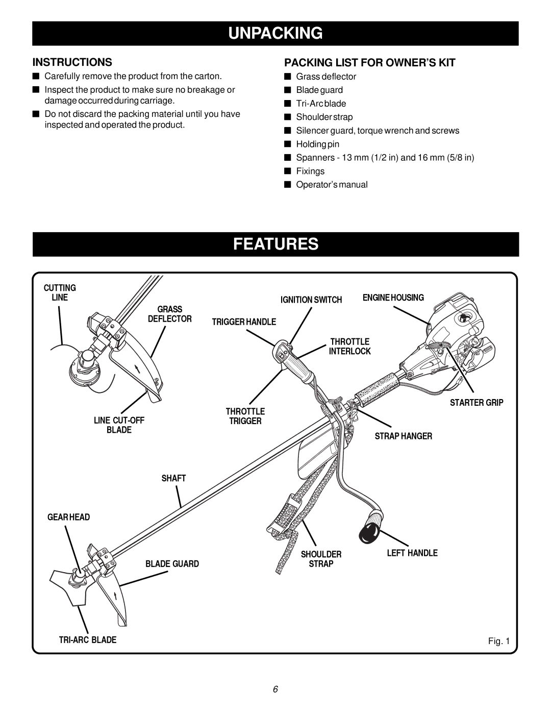 Ryobi RY70107, PBC3046B manual Unpacking, Features, Instructions, Packing List for OWNER’S KIT 