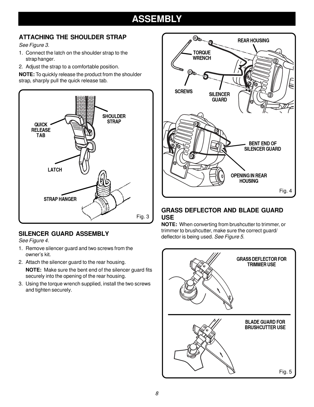 Ryobi RY70107, PBC3046B manual Attaching the Shoulder Strap, Silencer Guard Assembly, Grass Deflector and Blade Guard USE 