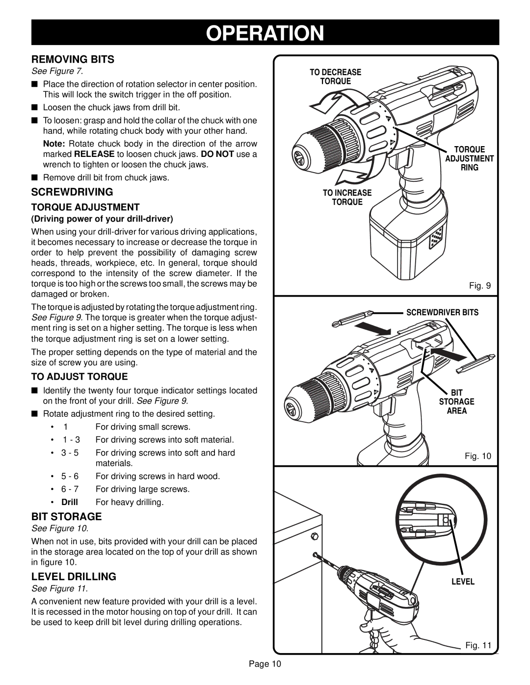 Ryobi RY1201, RY721, RY961 manual Removing Bits, Screwdriving, Level Drilling, BIT Storage Area Level 