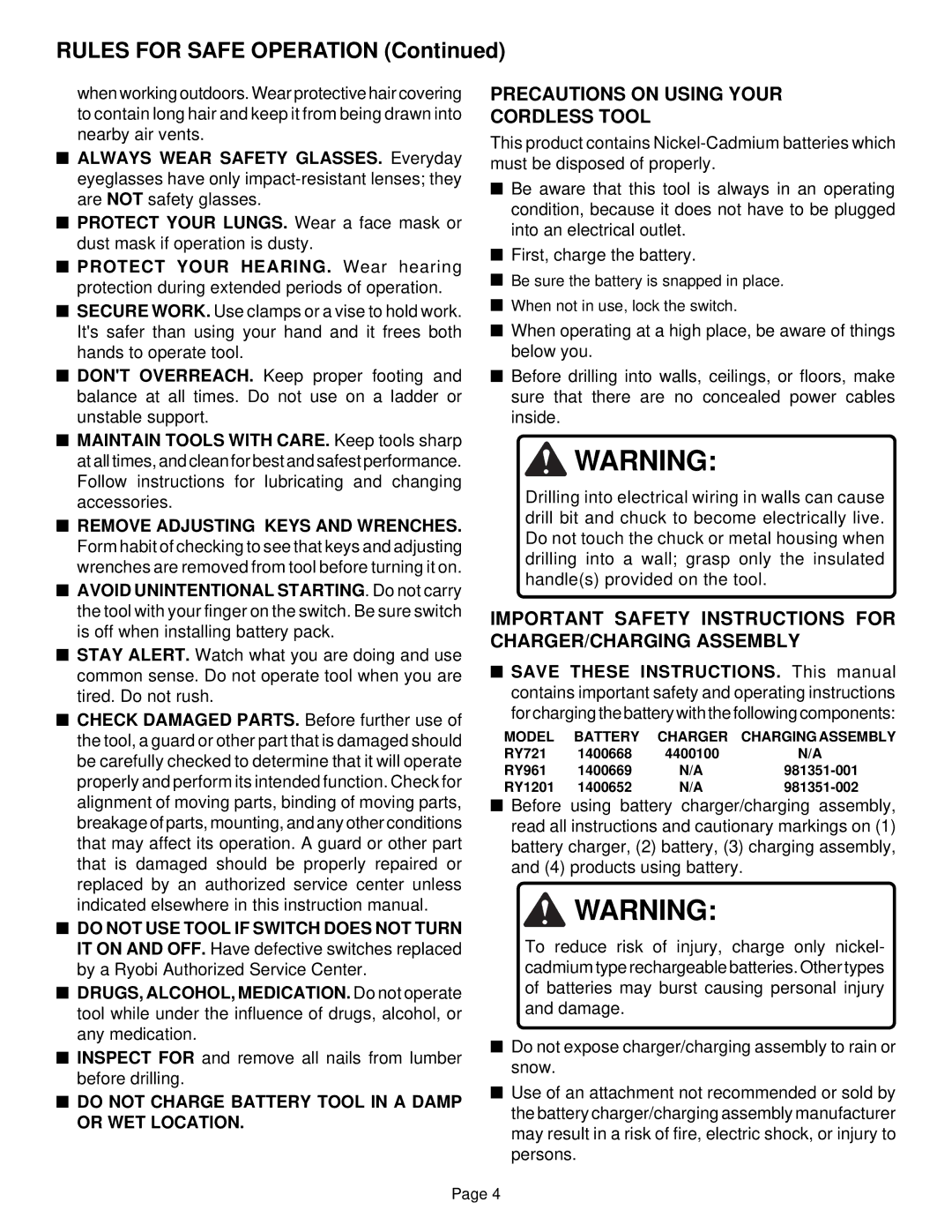 Ryobi RY1201, RY721 Precautions on Using Your Cordless Tool, Important Safety Instructions for CHARGER/CHARGING Assembly 