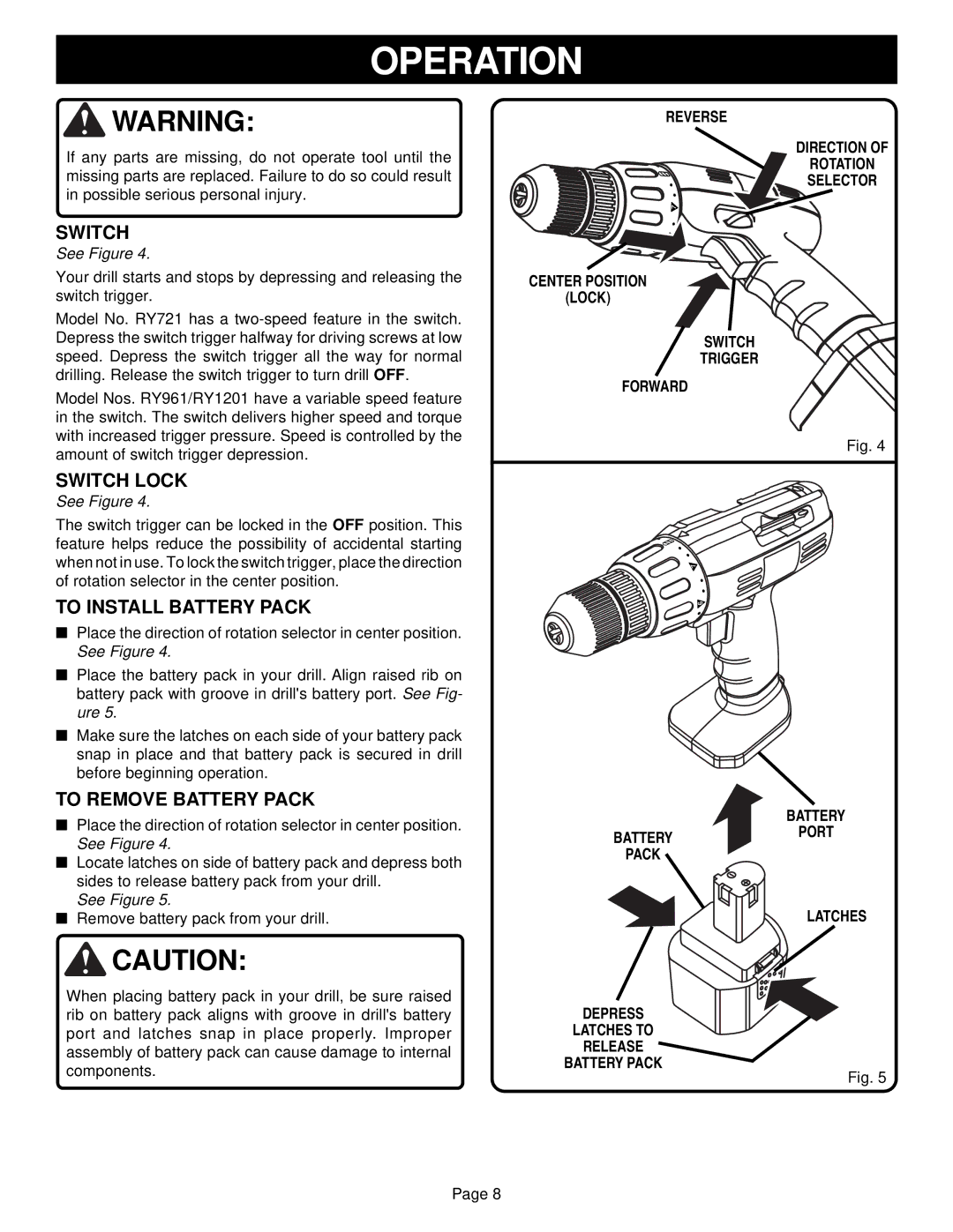 Ryobi RY961 Switch Lock, To Install Battery Pack, To Remove Battery Pack, Battery Pack Depress Latches to Release Port 