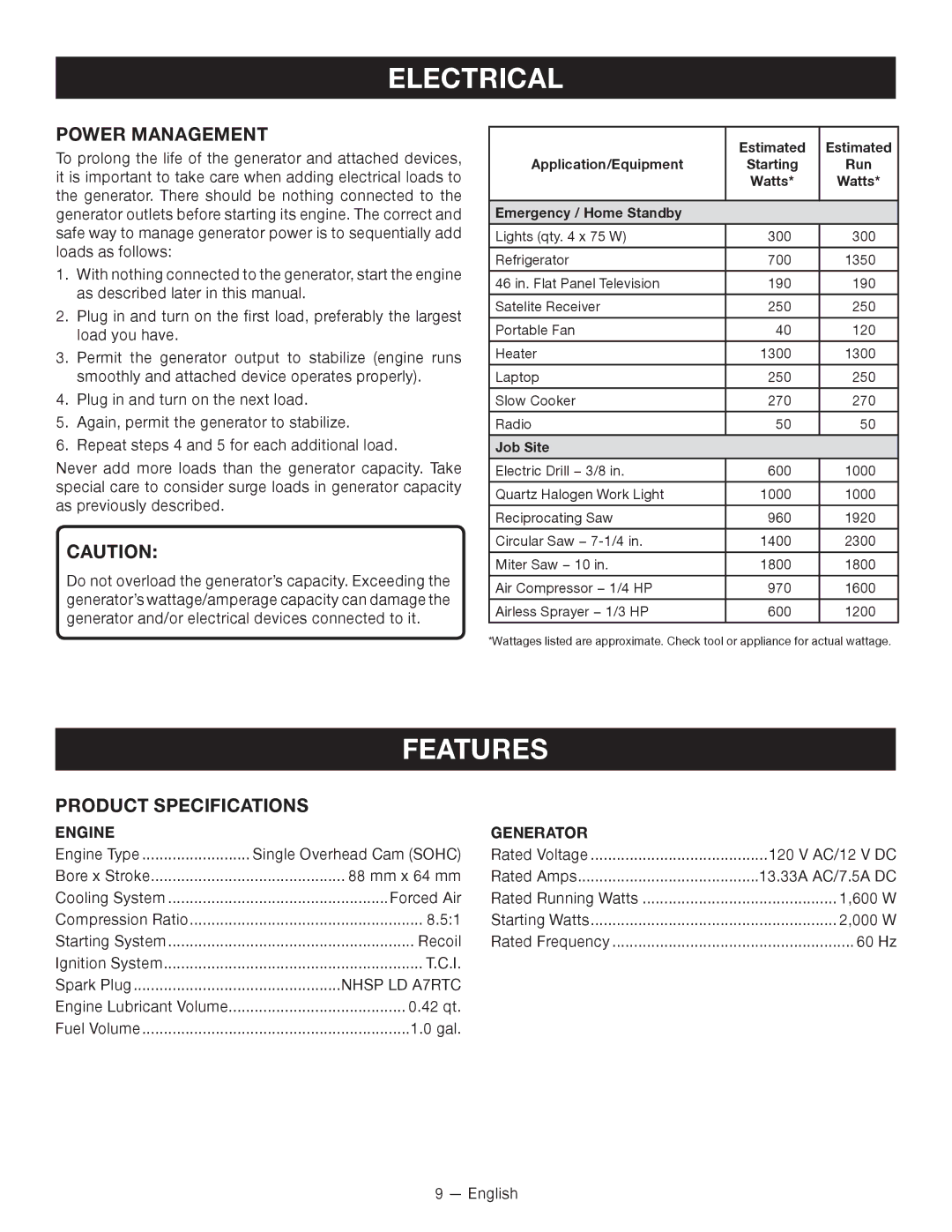 Ryobi RYI2000T manuel dutilisation Features, Power Management, Product Specifications, Engine Generator 