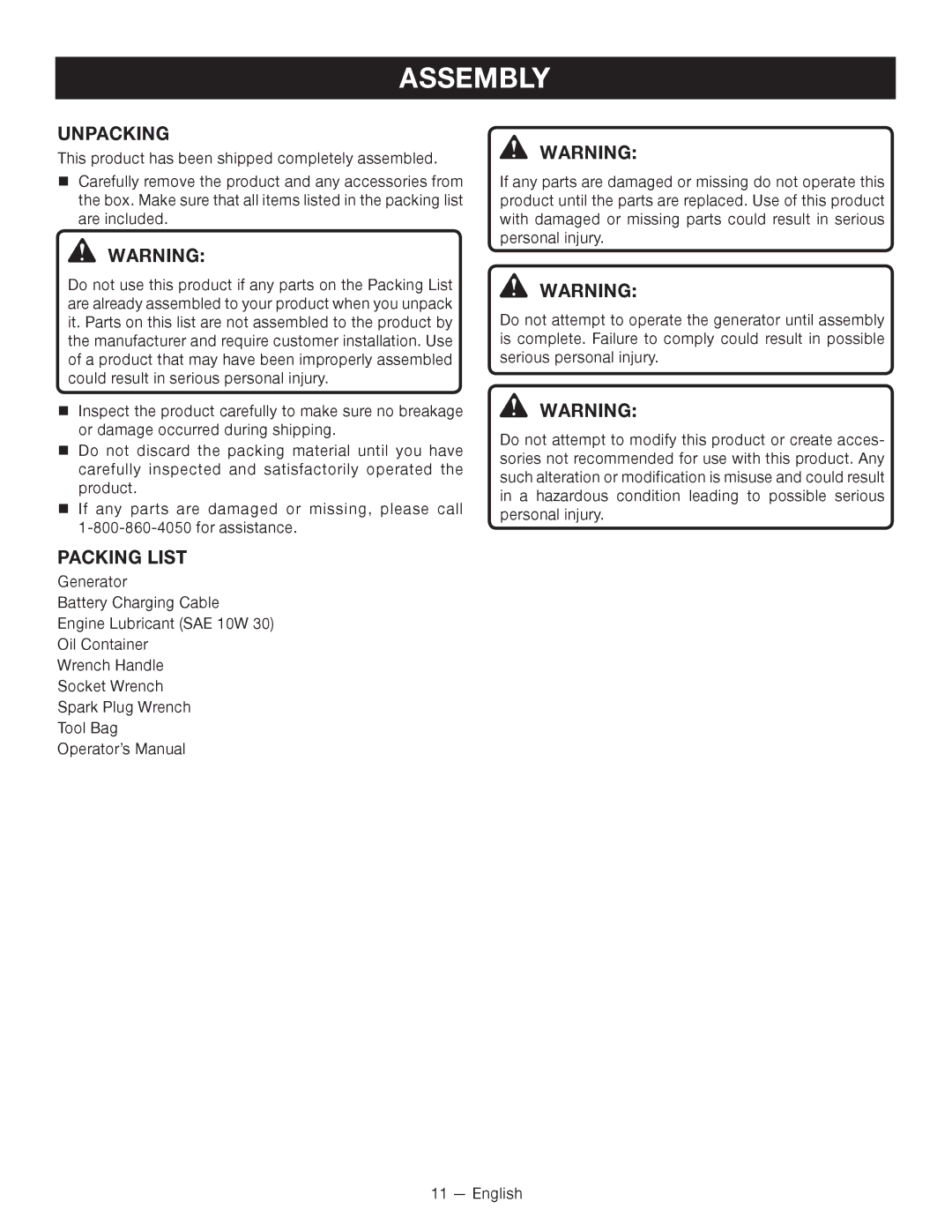 Ryobi RYI2000T manuel dutilisation Assembly, Unpacking, Packing List 