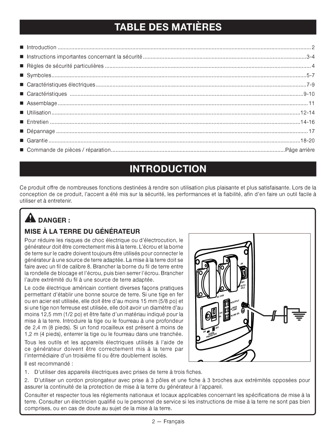 Ryobi RYI2000T manuel dutilisation Table DES Matières, Mise À LA Terre DU Générateur, Páge arrière 