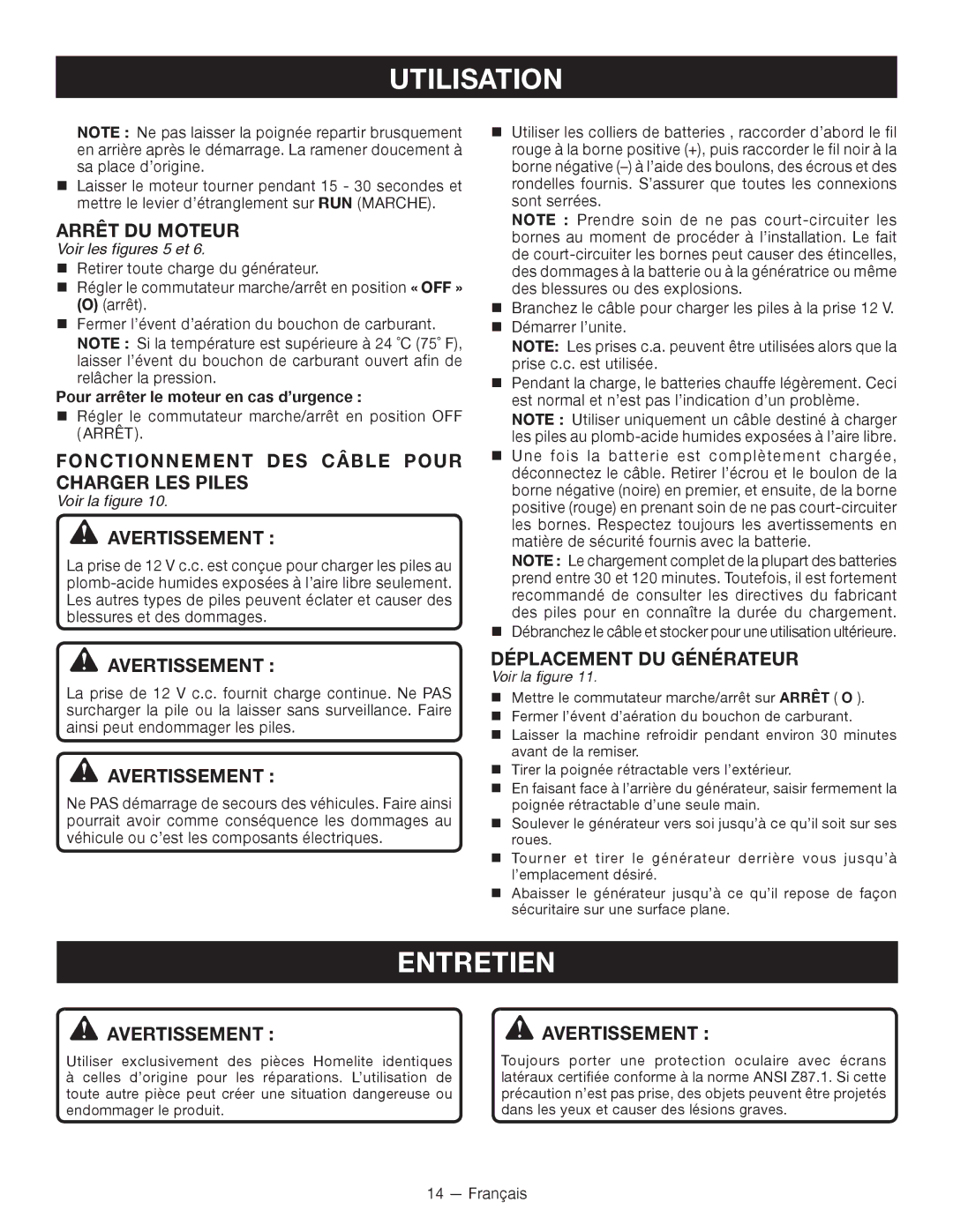 Ryobi RYI2000T Entretien, Arrêt DU Moteur, Fonctionnement DES Câble Pour Charger LES Piles, Déplacement DU Générateur 