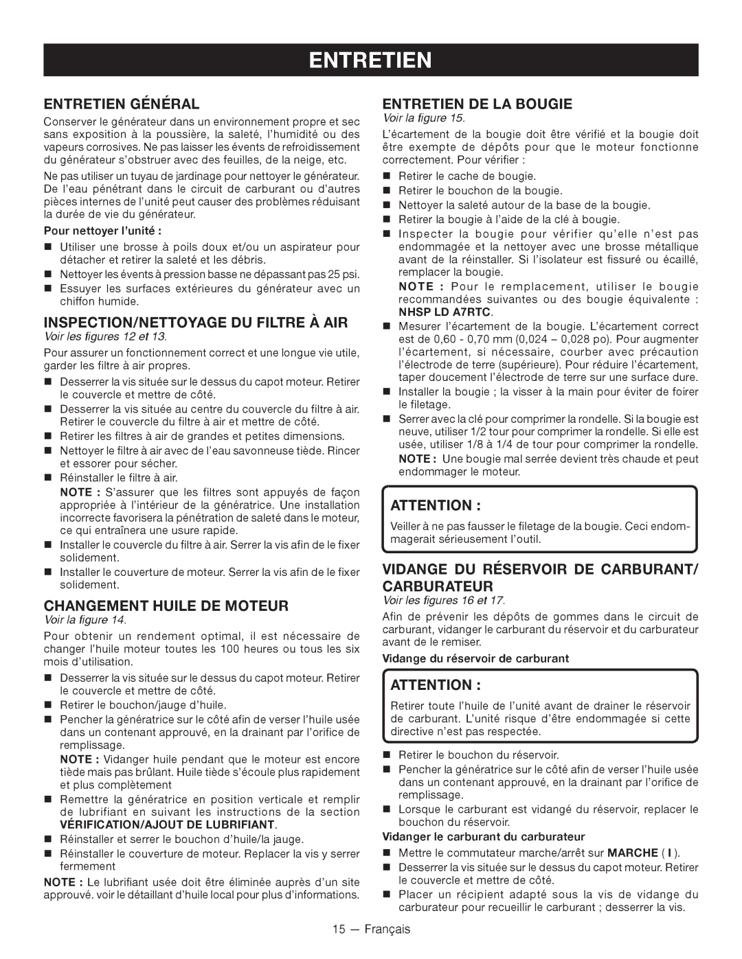 Ryobi RYI2000T Entretien Général, INSPECTION/NETTOYAGE DU Filtre À AIR, Changement Huile DE Moteur, Entretien DE LA Bougie 