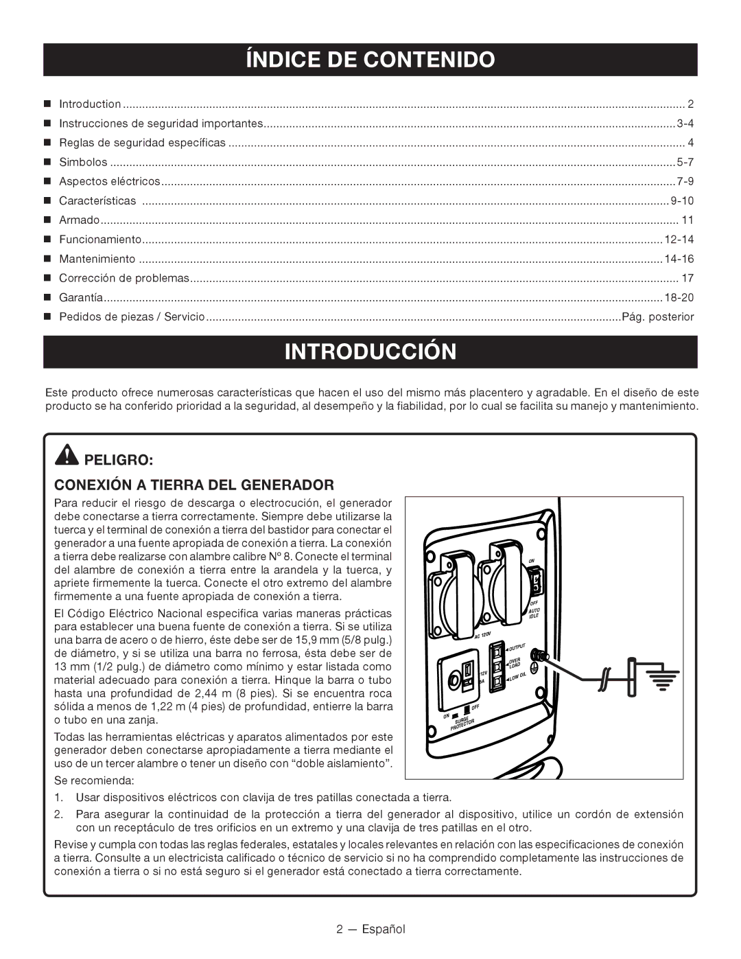 Ryobi RYI2000T manuel dutilisation Índice DE Contenido, Introducción, Peligro Conexión a Tierra DEL Generador 