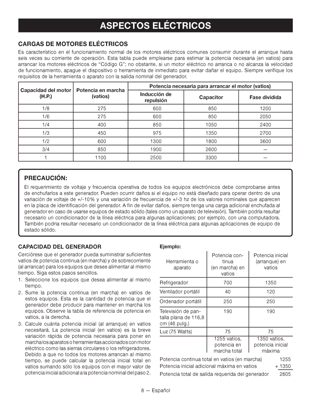 Ryobi RYI2000T manuel dutilisation Cargas DE Motores Eléctricos, Capacidad DEL Generador, Ejemplo 