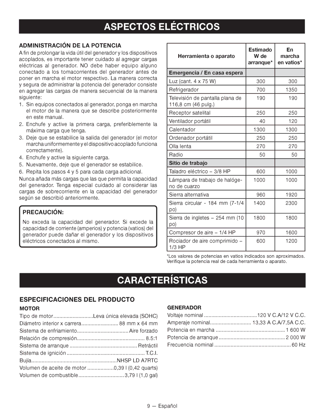 Ryobi RYI2000T Características, Especificaciones DEL Producto, Administración DE LA Potencia, Precaución 