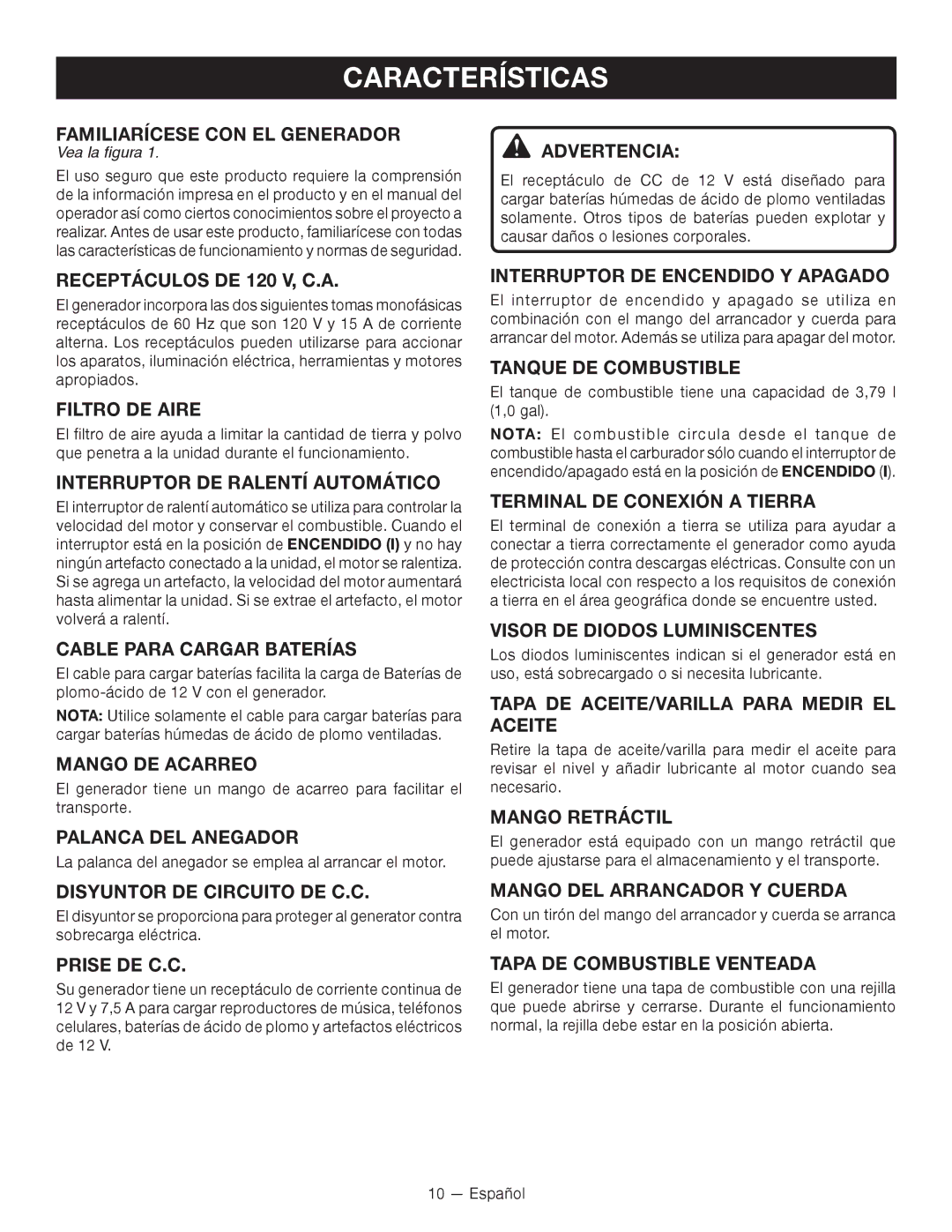 Ryobi RYI2000T Familiarícese CON EL Generador, Receptáculos DE 120 V, C.A, Filtro DE Aire, Cable Para Cargar Baterías 