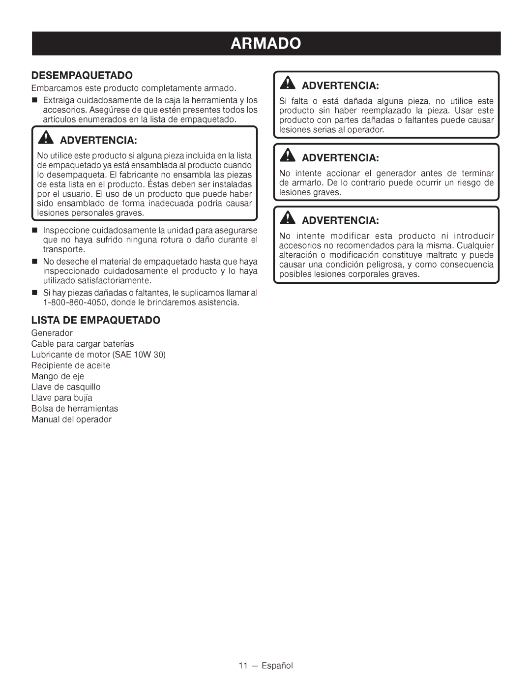 Ryobi RYI2000T manuel dutilisation Armado, Desempaquetado, Lista DE Empaquetado 