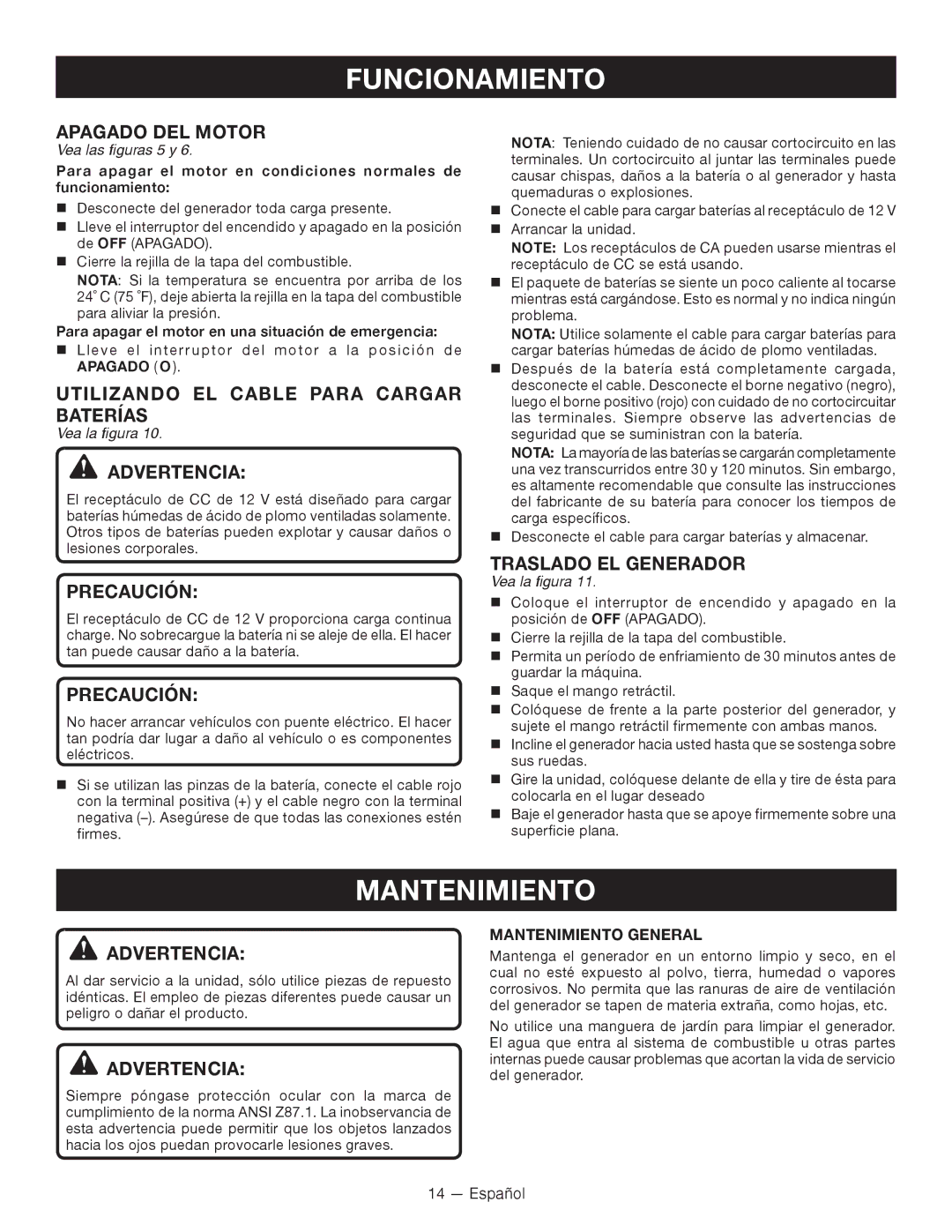 Ryobi RYI2000T Mantenimiento, Apagado DEL Motor, Utilizando EL Cable Para Cargar Baterías, Traslado EL Generador 