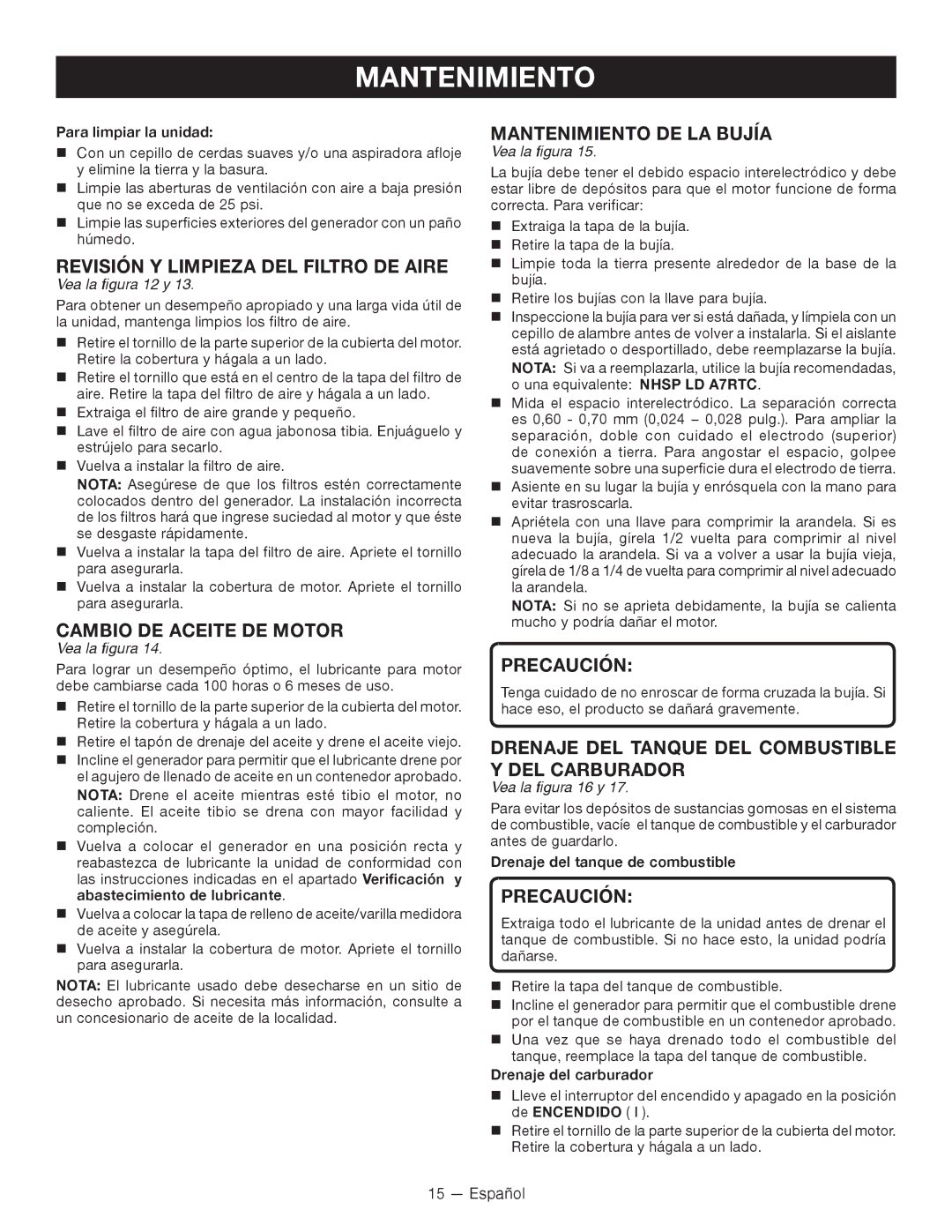 Ryobi RYI2000T Revisión Y Limpieza DEL Filtro DE Aire, Cambio DE Aceite DE Motor, Mantenimiento DE LA Bujía 